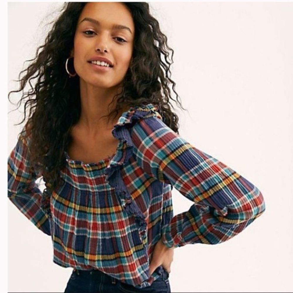 NWT Free People Sienna Plaid Ruffle Pullover Top - Picture 1 of 10